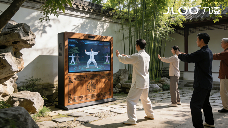 2026年4月最新：九凌JLOO丨55英寸游客中心景区入口红外感应室外显示器雨棚安装